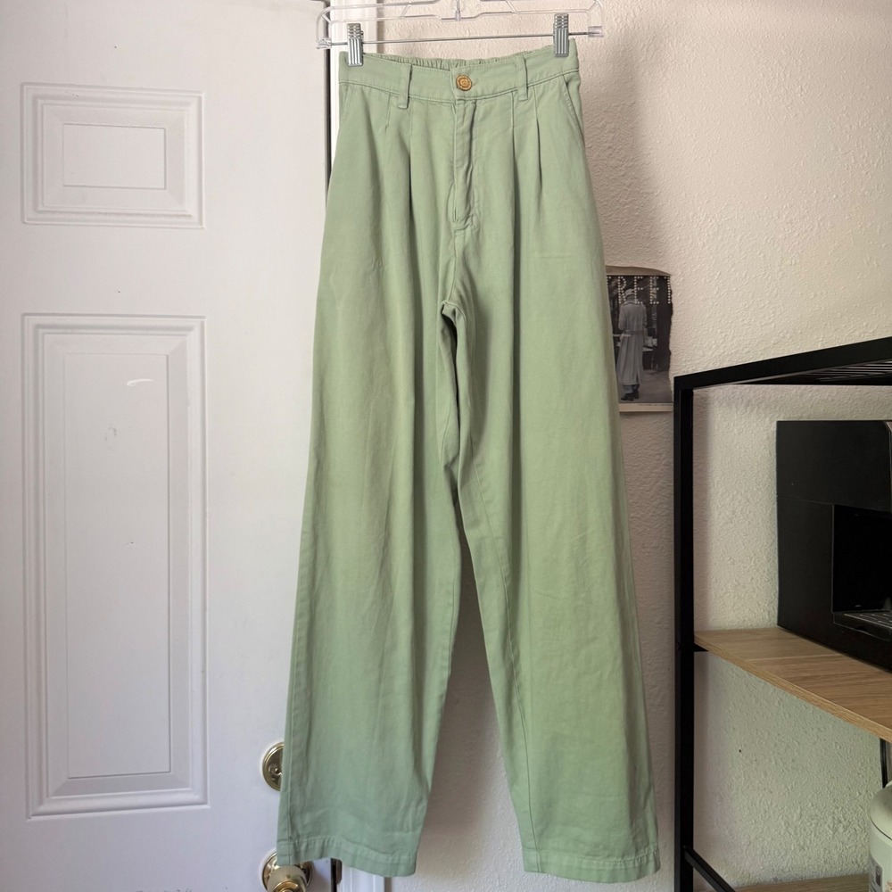 BIG BUD PRESS sage green cotton wide straight leg pull on trousers pants